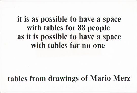 It is possible to have a space with tables for 88 people as it is possible to have a space with tables for no one. Tables from drawings of Mario Merz.