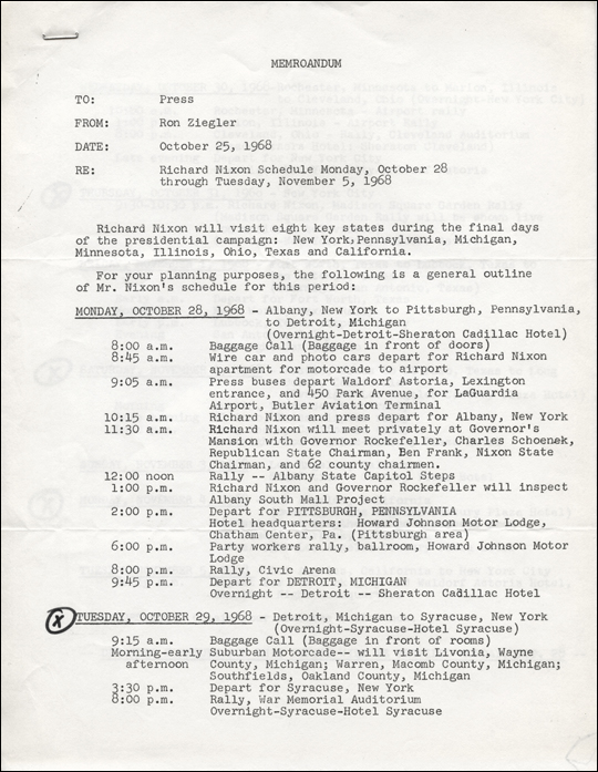 MEMROANDUM [sic.] : Richard Nixon Schedule Monday, October 28 through Tuesday, November 5, 1968