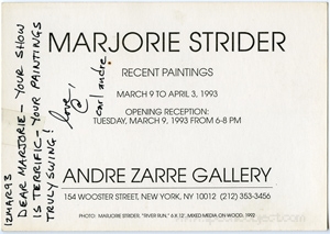 [Inscribed Announcement Card : Marjorie Strider / Recent Paintings / Andre Zarre Gallery]