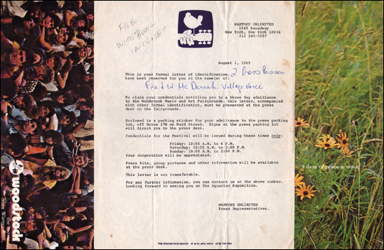 Woodstock Press Pass Document for Fred W. McDarrah / Program for the Festival / Program for the Documentary Film