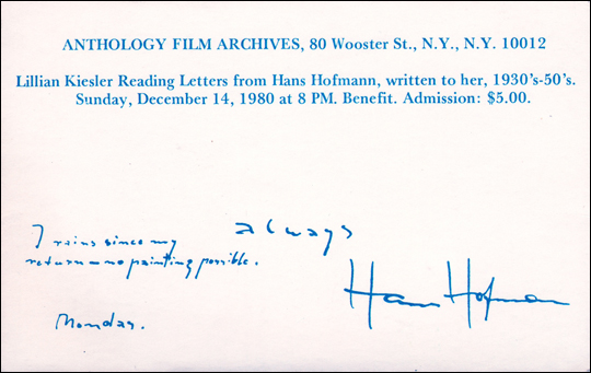 Announcement for Lillian Kiesler Reading Letters from Hans Hoffmann, Written to Her, 1930's-50's